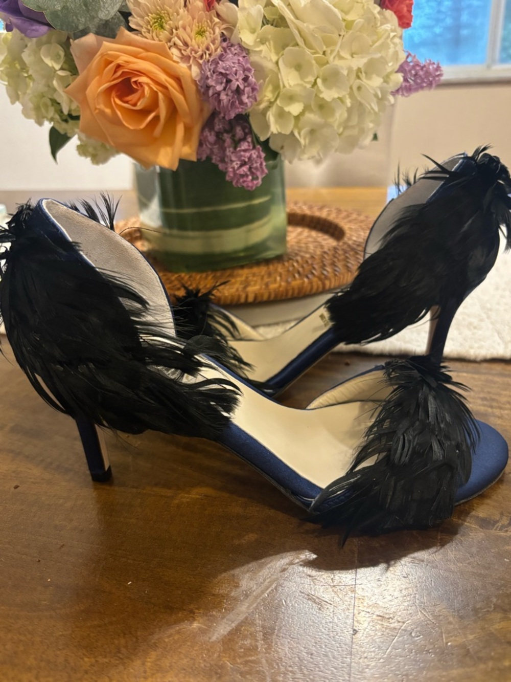 Something Bleu Bridal Navy Satin Heels with Black Feather Accents